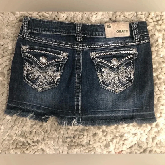 Grace In LA Bling Stretch Jean Crystal Embellished Distressed Frayed Skirt - Picture 2 of 8